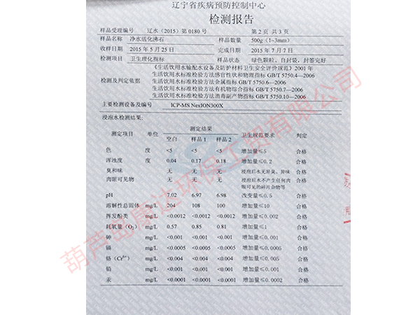净水产品疾控中心检验报告